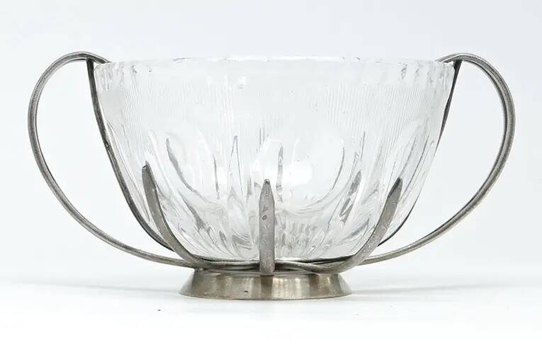 Sugar bowl, new look postmodernism, silver-plated brass and glass, Poland, 1970s