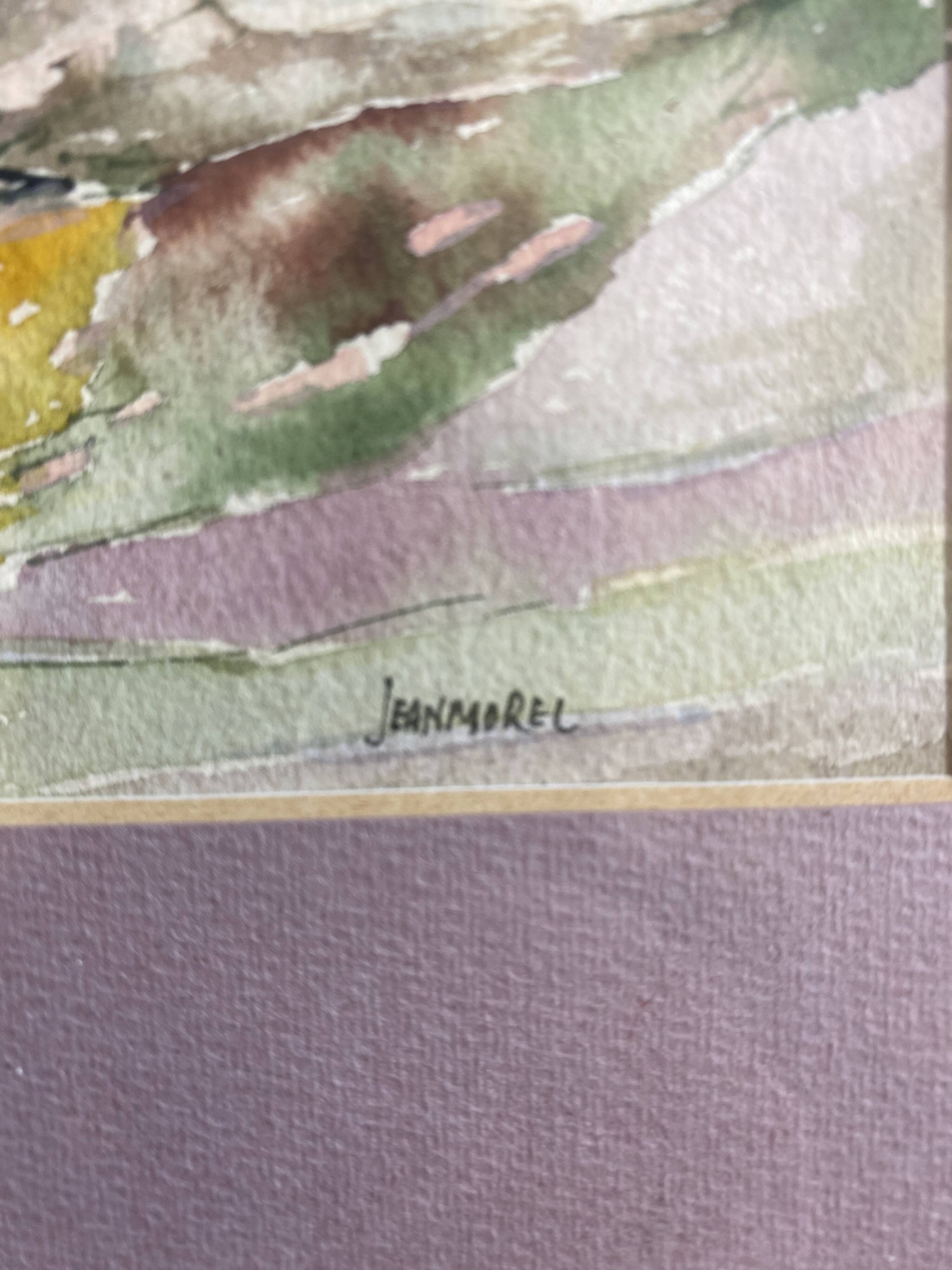 Aquarelle Sur Papier JEAN MOREL Vue Bord De Mer + Cadre Bois Blanc Vintage