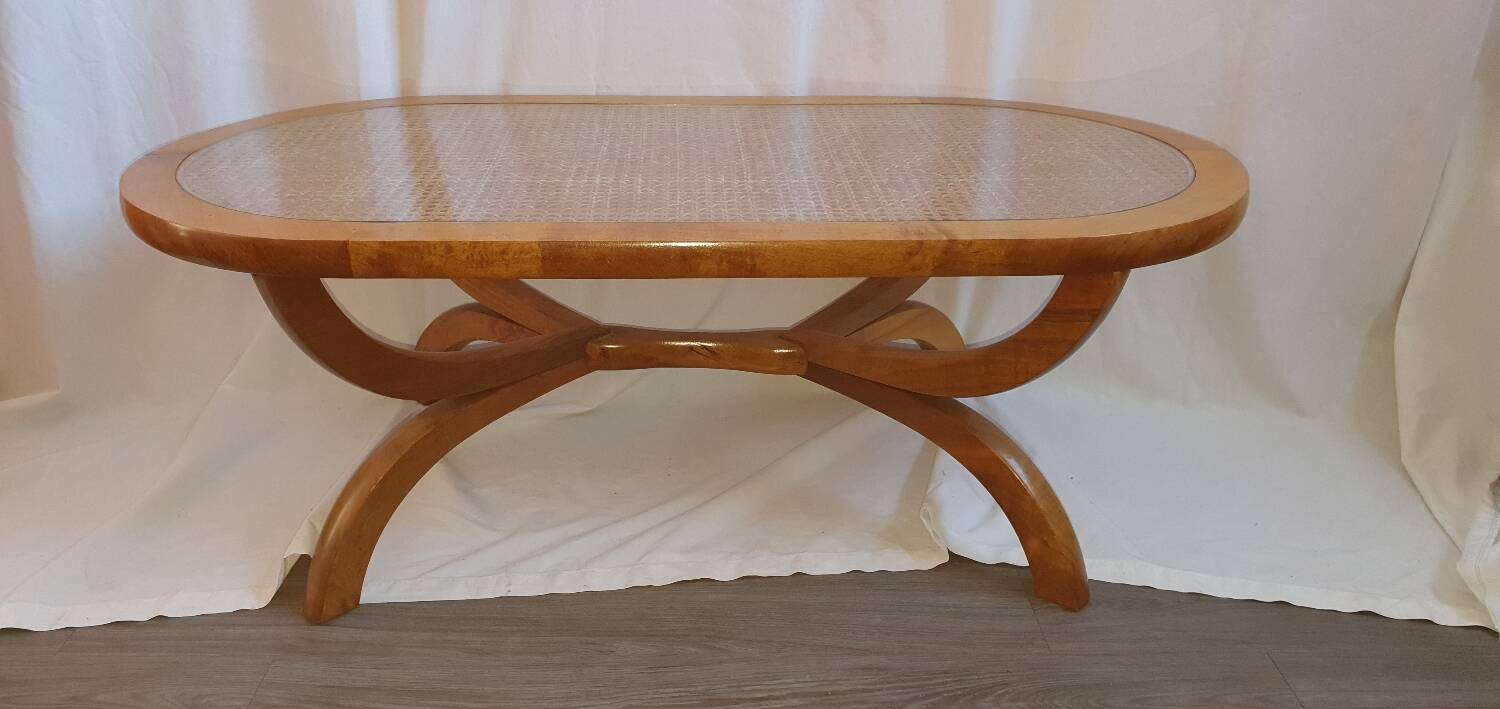 Coffee table from Réunion Island, tamarind wood and rattan.