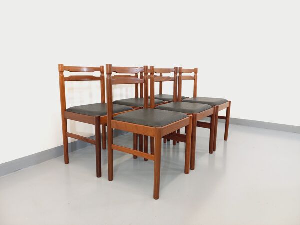 Suite de 6 chaises scandinaves vintage en teck et skai des années 60