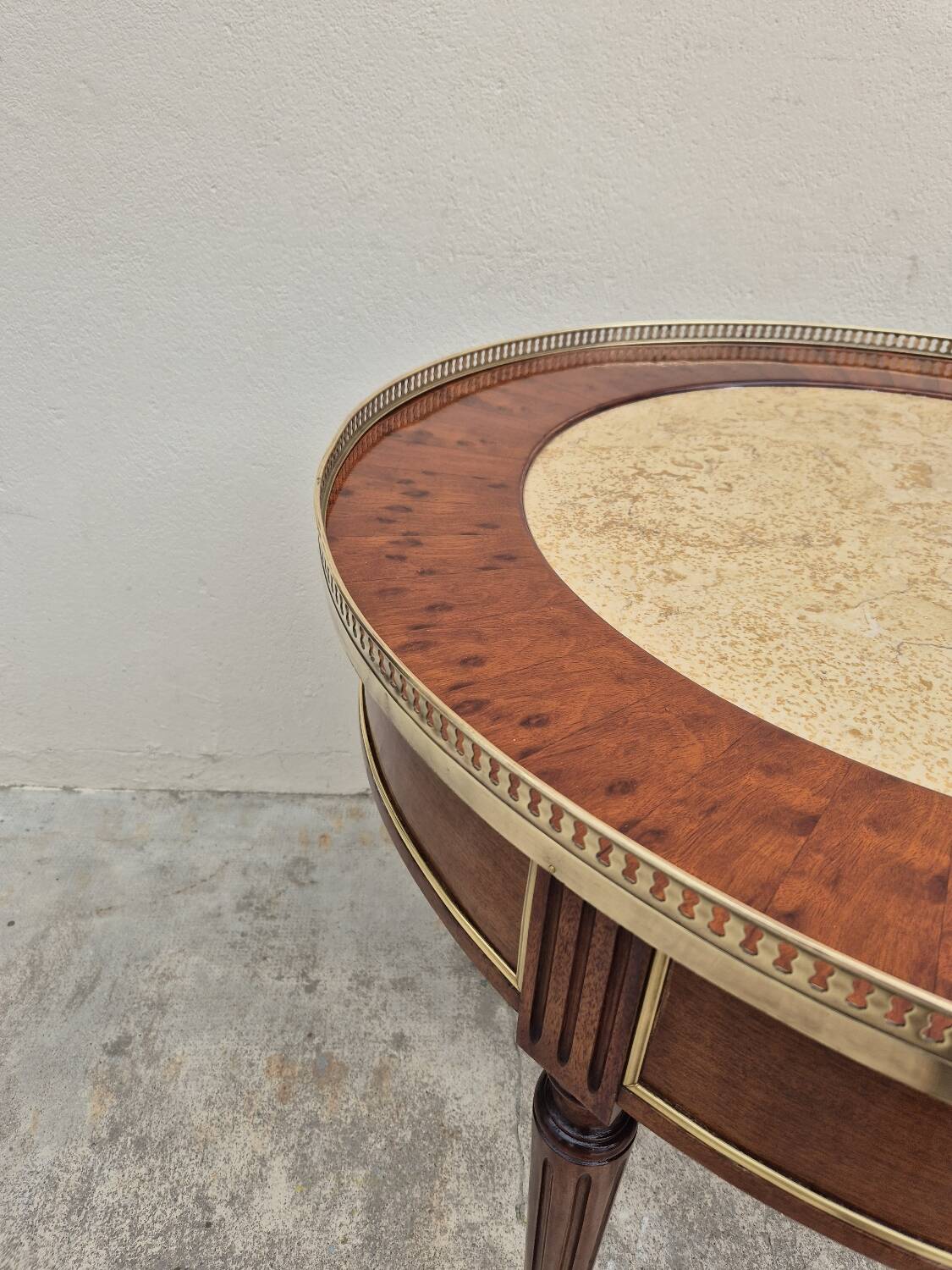 Louis XVI style mahogany bouillotte table in marquetry and bronze