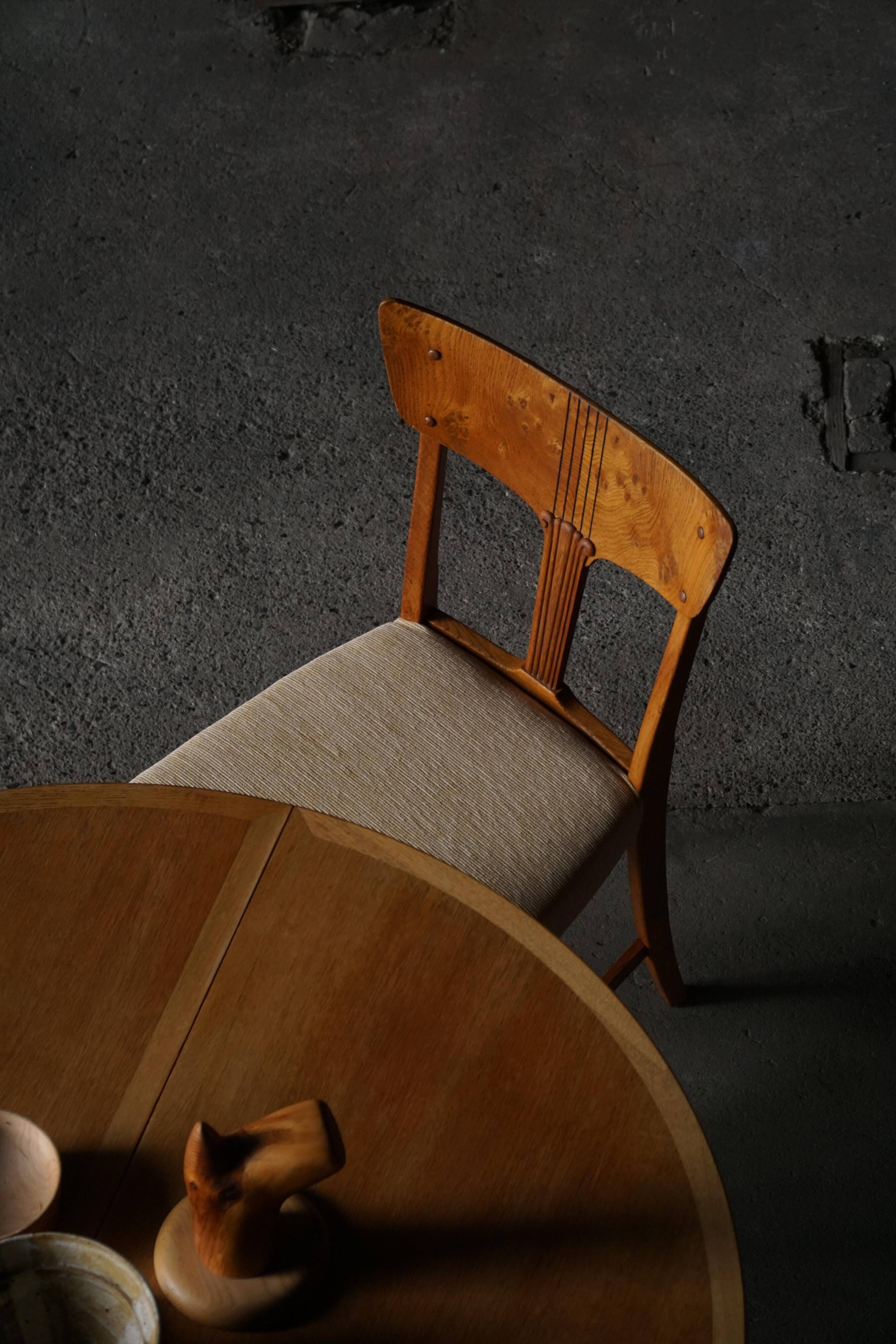 Early 20th century, set of 4 Danish Art Nouveau dining chairs, burl & velvet.