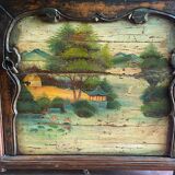 Buffet ancien en bois d'orme avec un décor peint de Paysages Lacustres