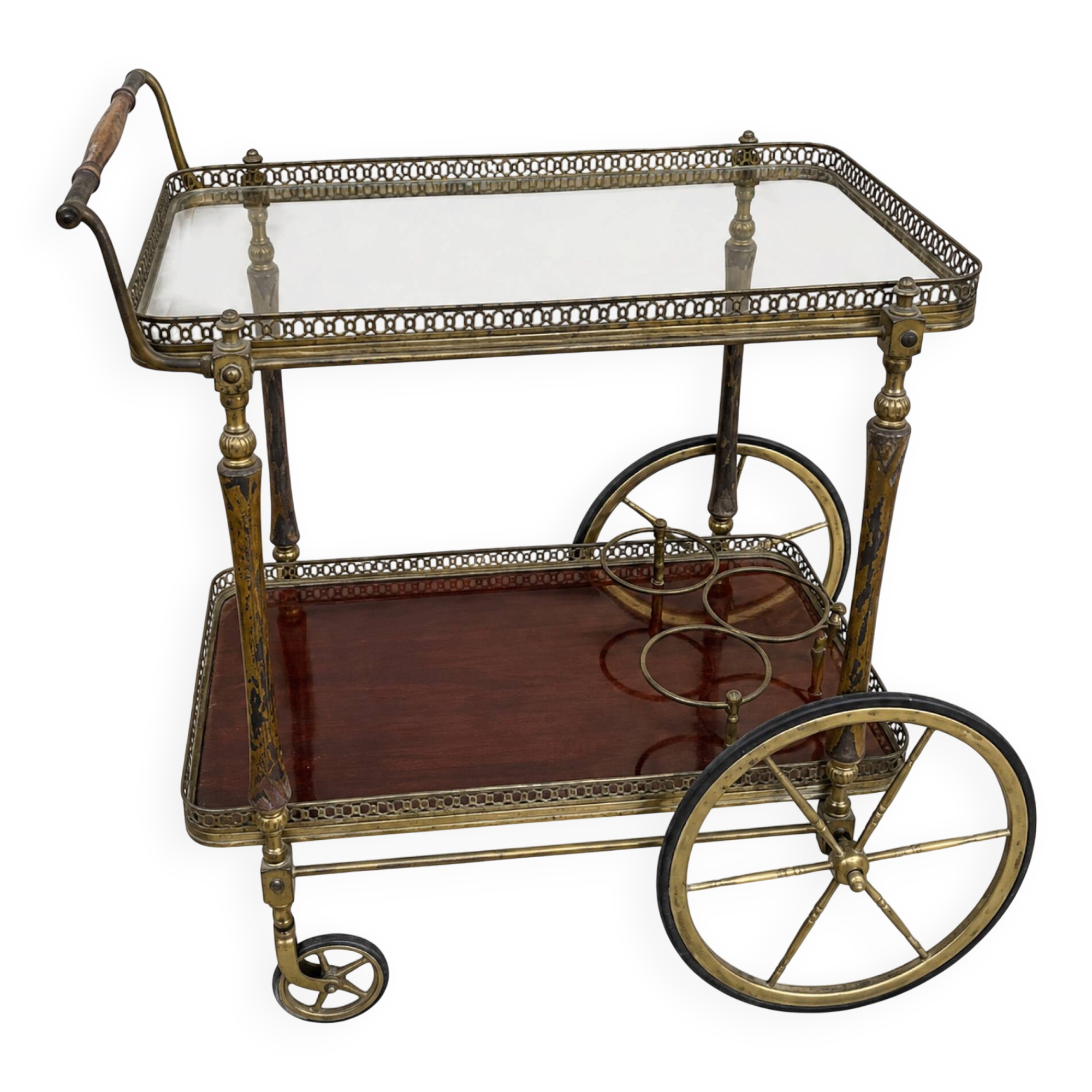 Drinks trolley, brass and wood serving cart from Maison Jansen.