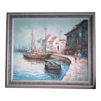 Seascape, seen from the port - Large oil on canvas (with a knife), signed R. Danford, framed