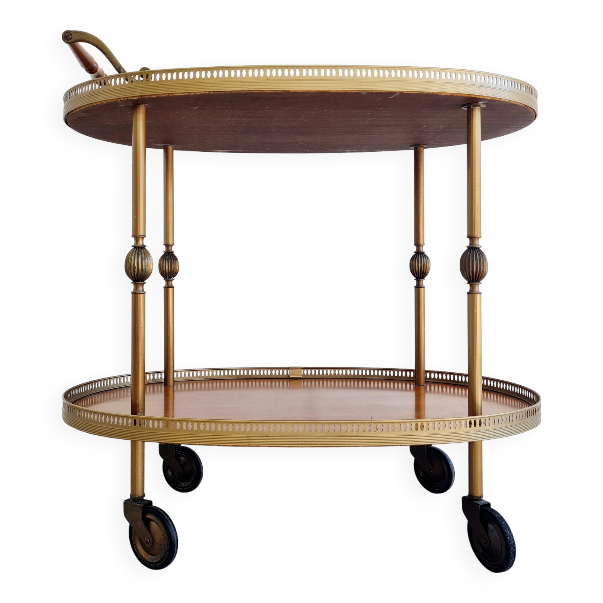 Antique brass rolling oval tray trolley