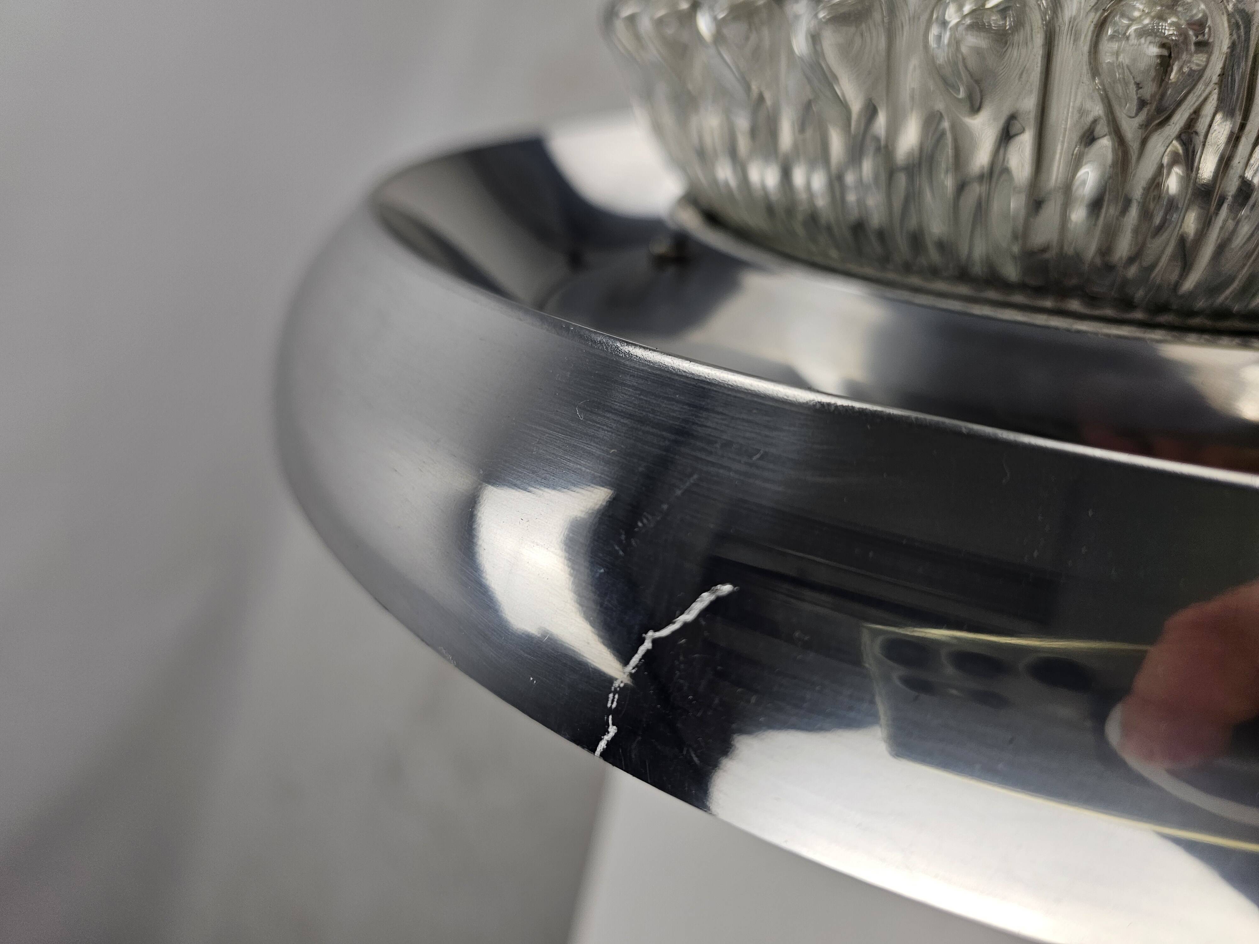 Plafonnier vintage, bague chromée et abat-jour en verre bullé