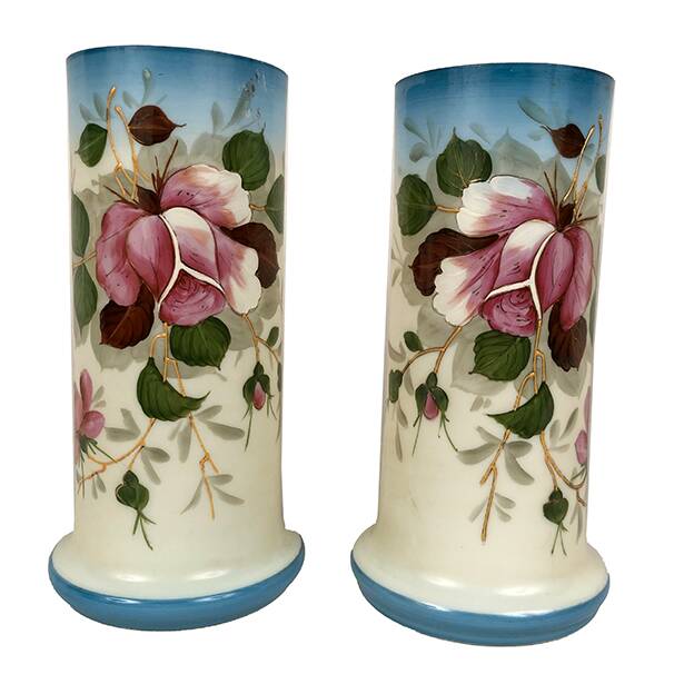 Pair of opaline vases with enameled decoration, late 19th century