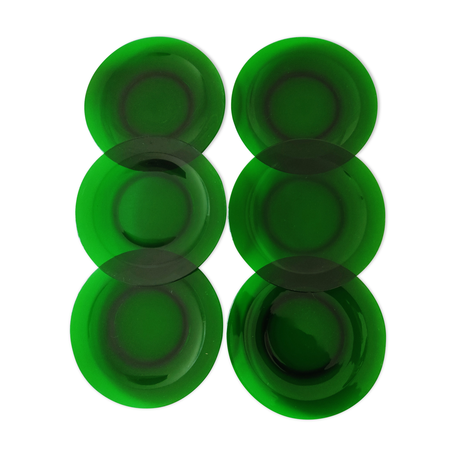 6 dishes in green glass
