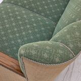 Canapé danois 3 places des années 1950, tissu en laine d'ameublement vert/beige, bois de chêne.