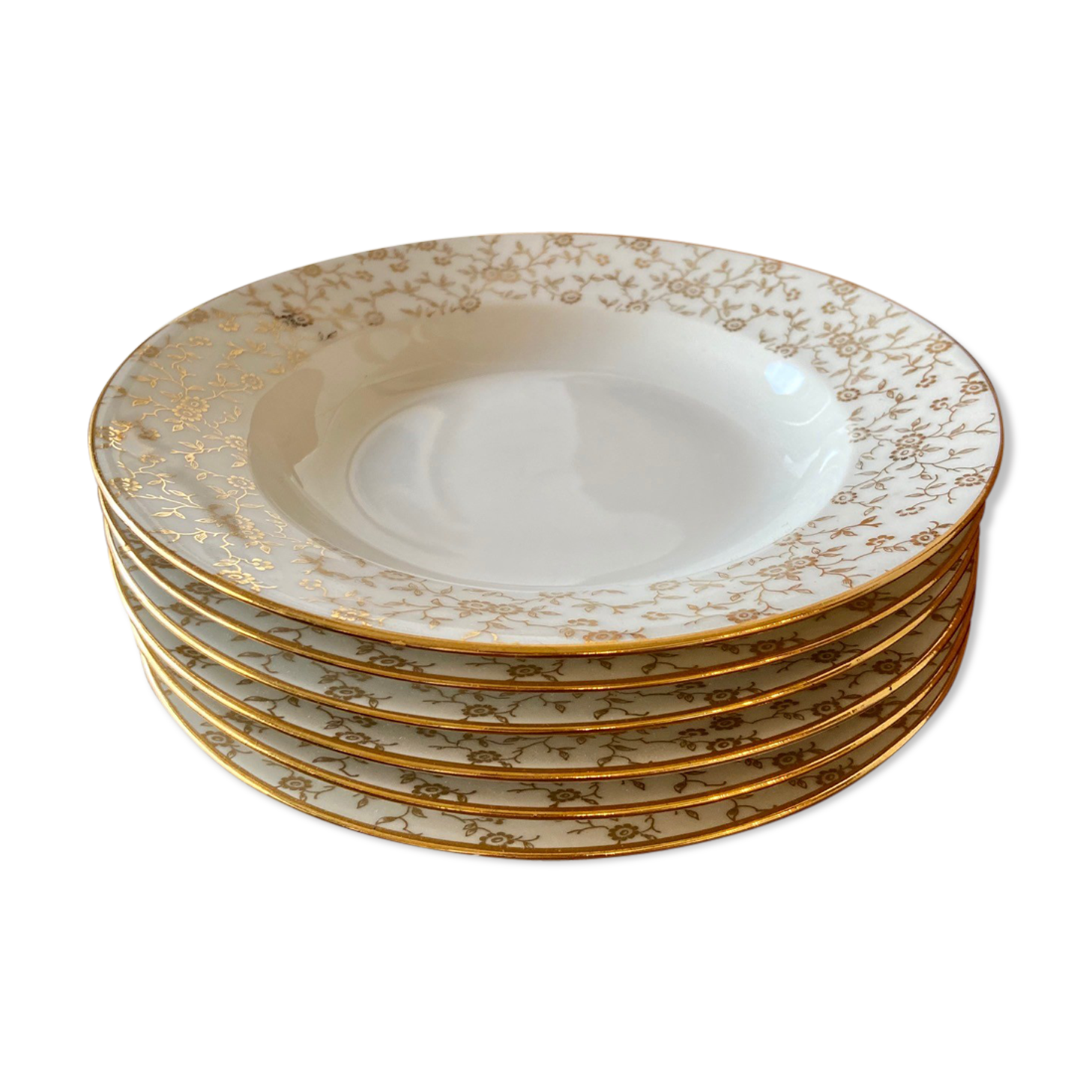 Set of 6 hollow plates in white and gold porcelain