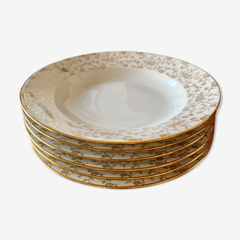 Set of 6 hollow plates in white and gold porcelain