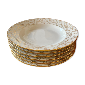 Set of 6 hollow plates in white and gold porcelain