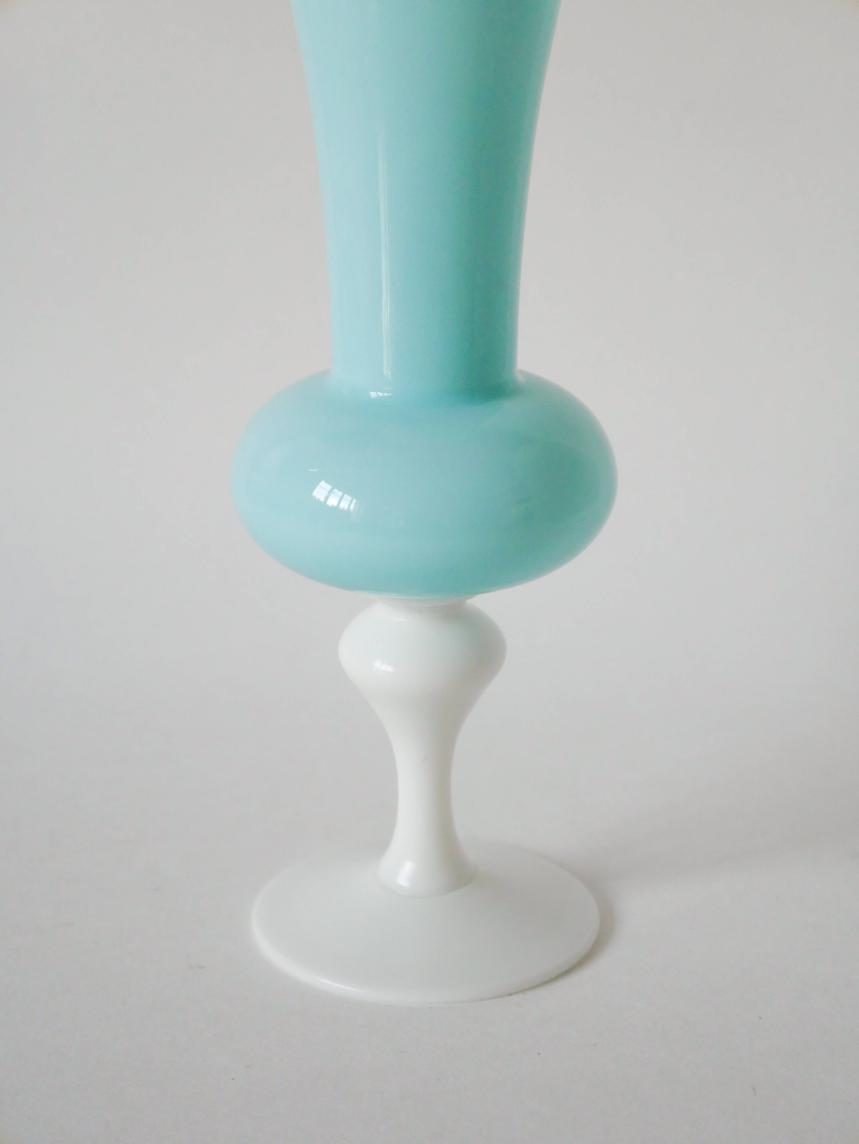 sky blue opaline vase and white feet 1970