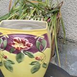 Yellow glazed ceramic slip vase with hawthorn pink flower motif