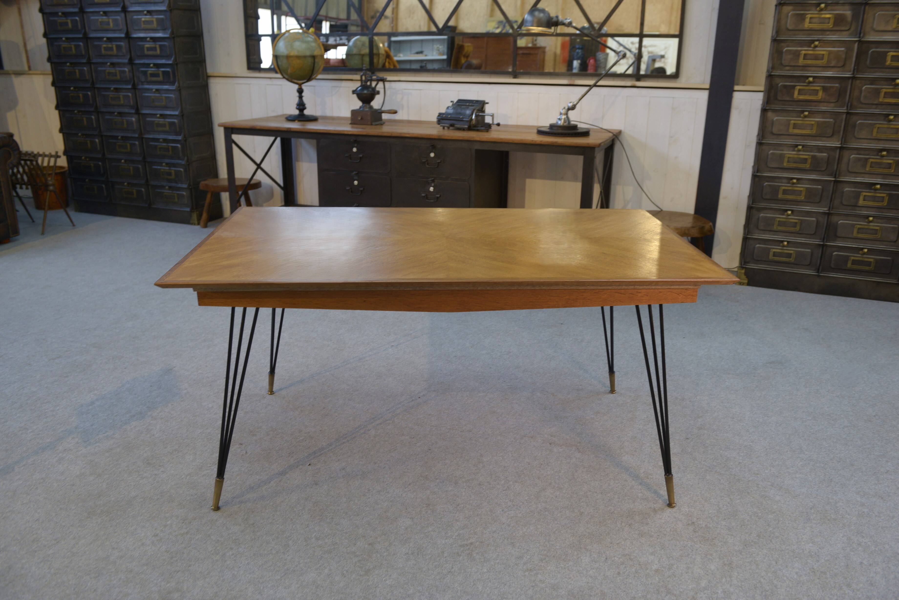 Oak table with cast iron and bronze legs, Italian design, 1960s
