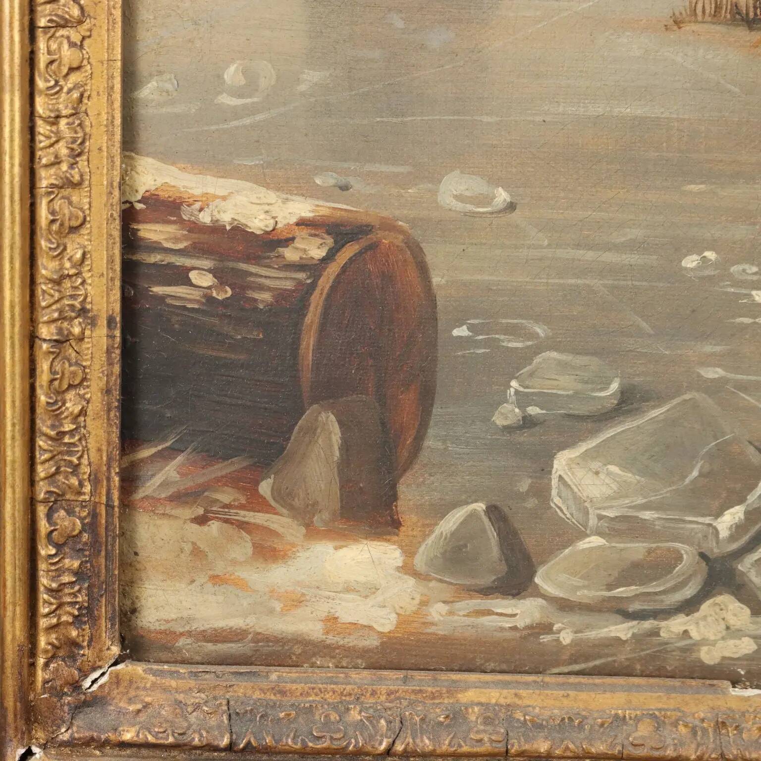 Ancient painting of a winter scene, oil on canvas, Northern Europe, 800s.