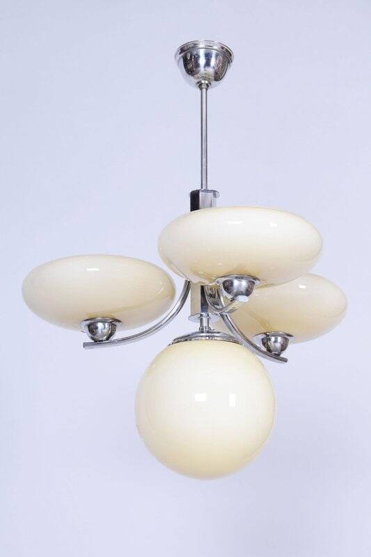 Art Deco Chandelier in Chrome-Plated Steel and Opal Glass, Czech, 1920s