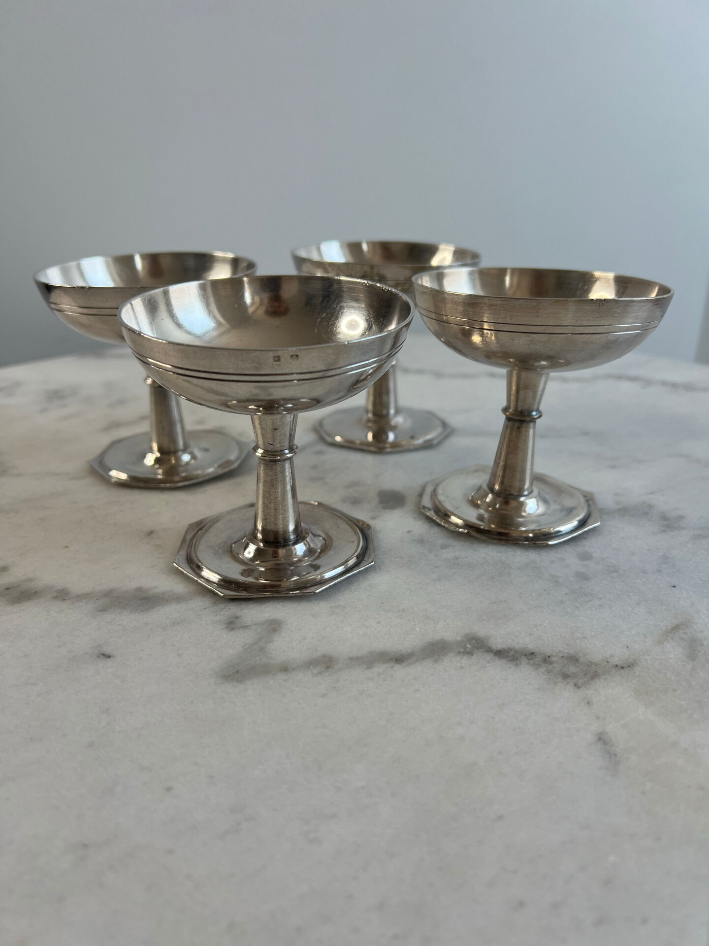 Set of 4 silver-plated ice cream bowls, hallmark, octagonal base, A