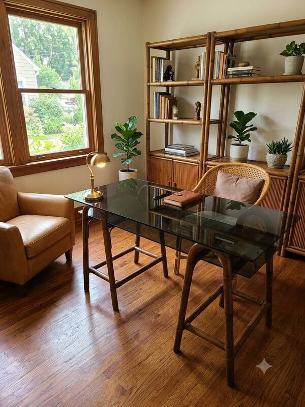 Bureau en rotin double plateau en verre fumé, années 70.