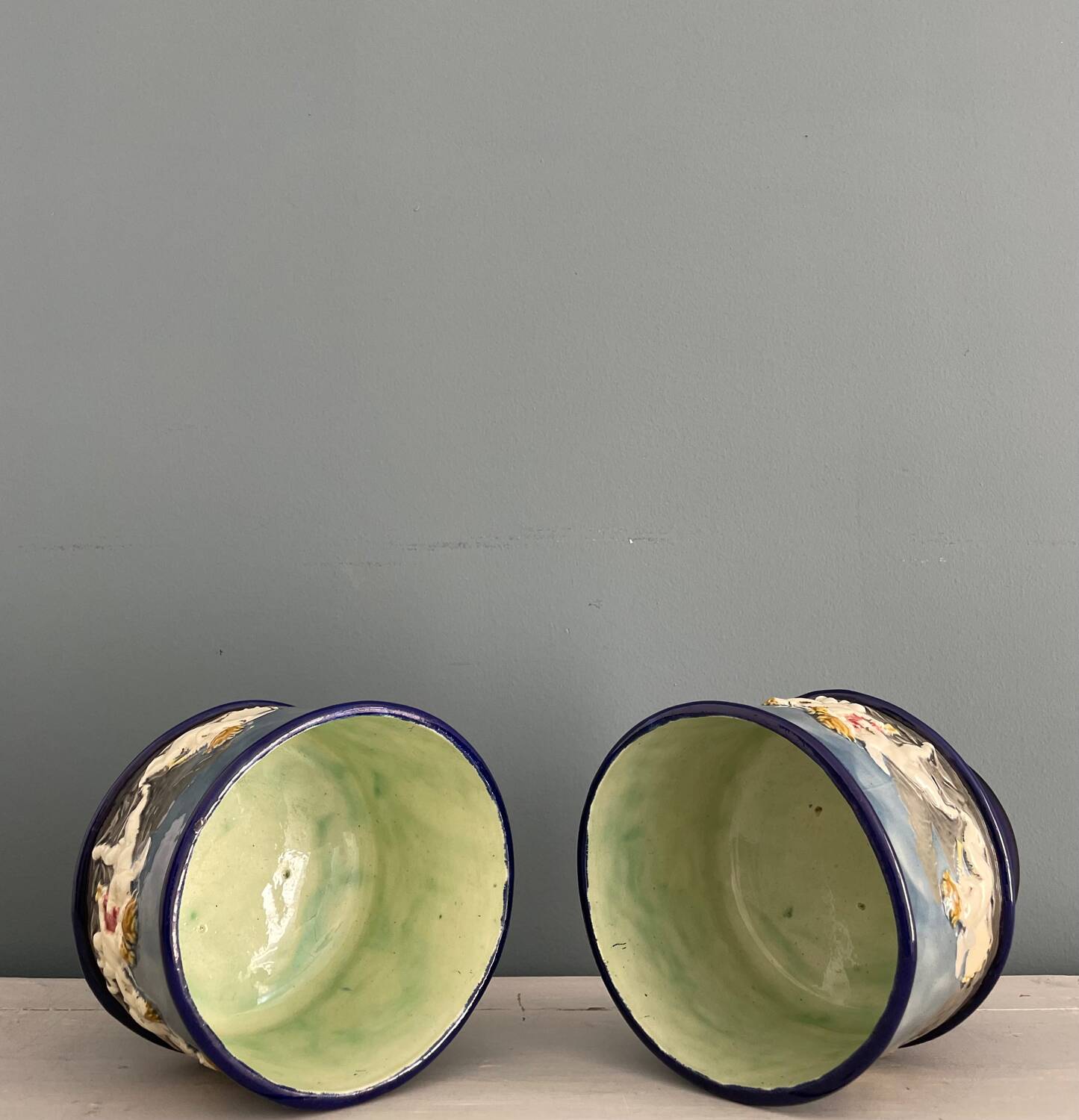 Two Thomas Sergent planters in Palissy majolica