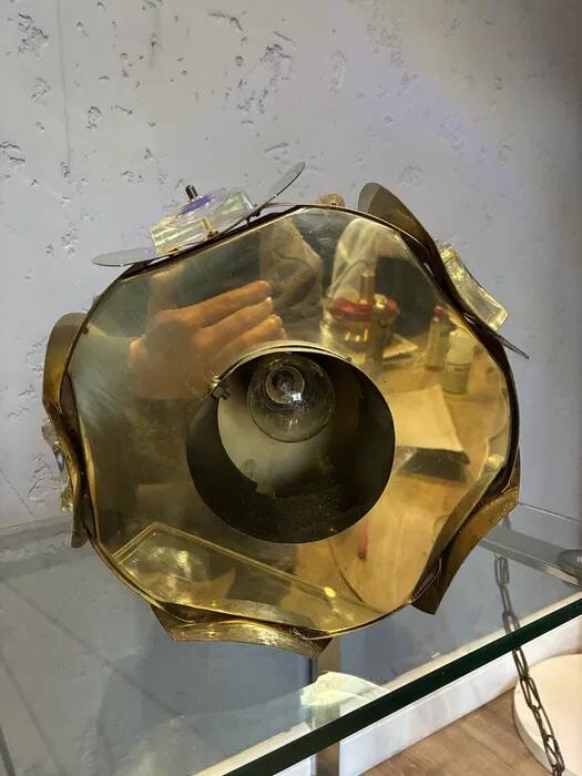 Vintage Brass Pendant Lamp Iridescent Murano Glass