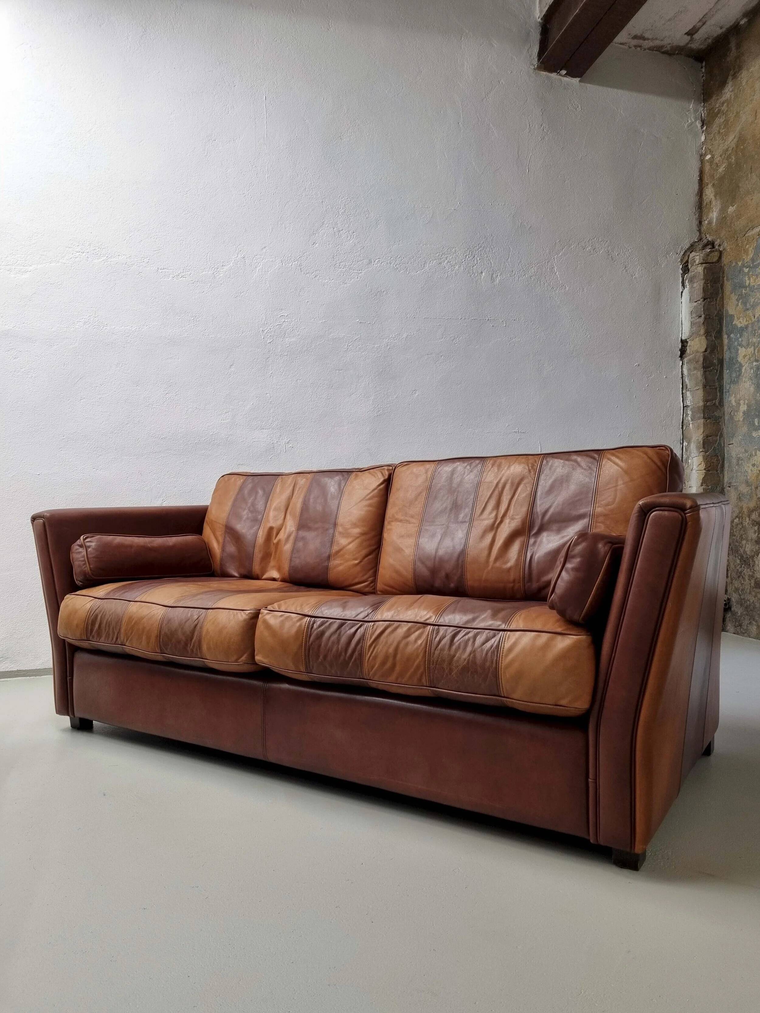 Vintage striped brown orange leather sofa (210 cm x 88 cm)