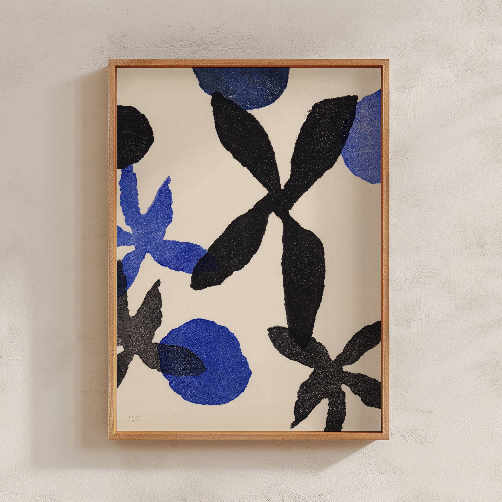 Painting on paper 30x40cm illustration of blue and black flowers signed eawy