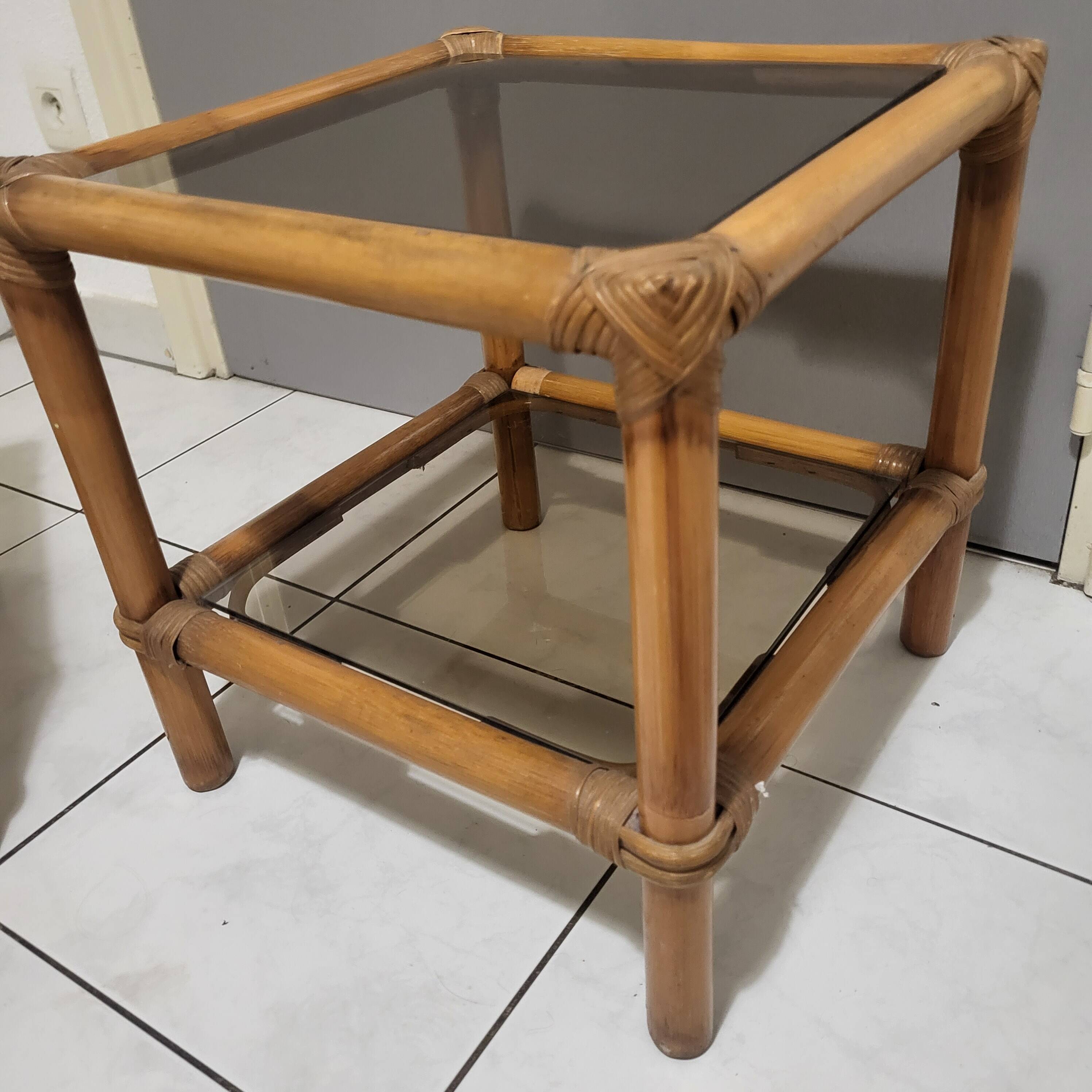 Table, side table in rattan and smoked glass from the 60s, vintage