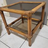 Table, side table in rattan and smoked glass from the 60s, vintage