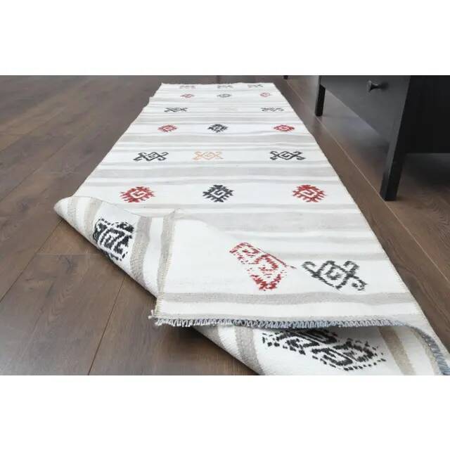 Vintage Turkish Hand-Knotted Wool Cotton White Runner Rug 70x242