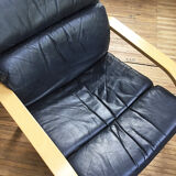 Danish sofa and armchairs curved wood and leather