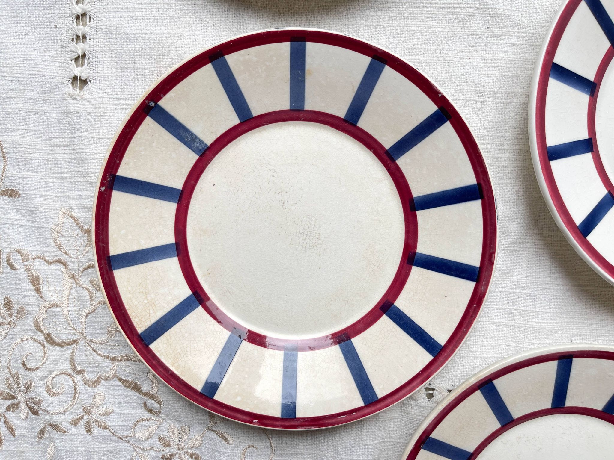 5 Small Vintage French Plates Terre de Fer HBCM Béarn blue and red stripes
