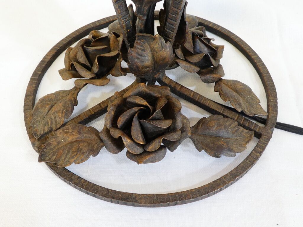 Art deco wrought iron lamp and speckled glass tulip