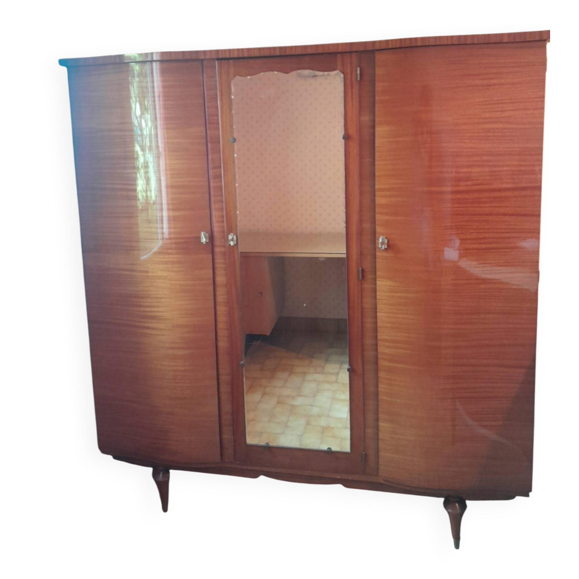 Large vintage wardrobe from the 50s/60s in wood with a mirror.