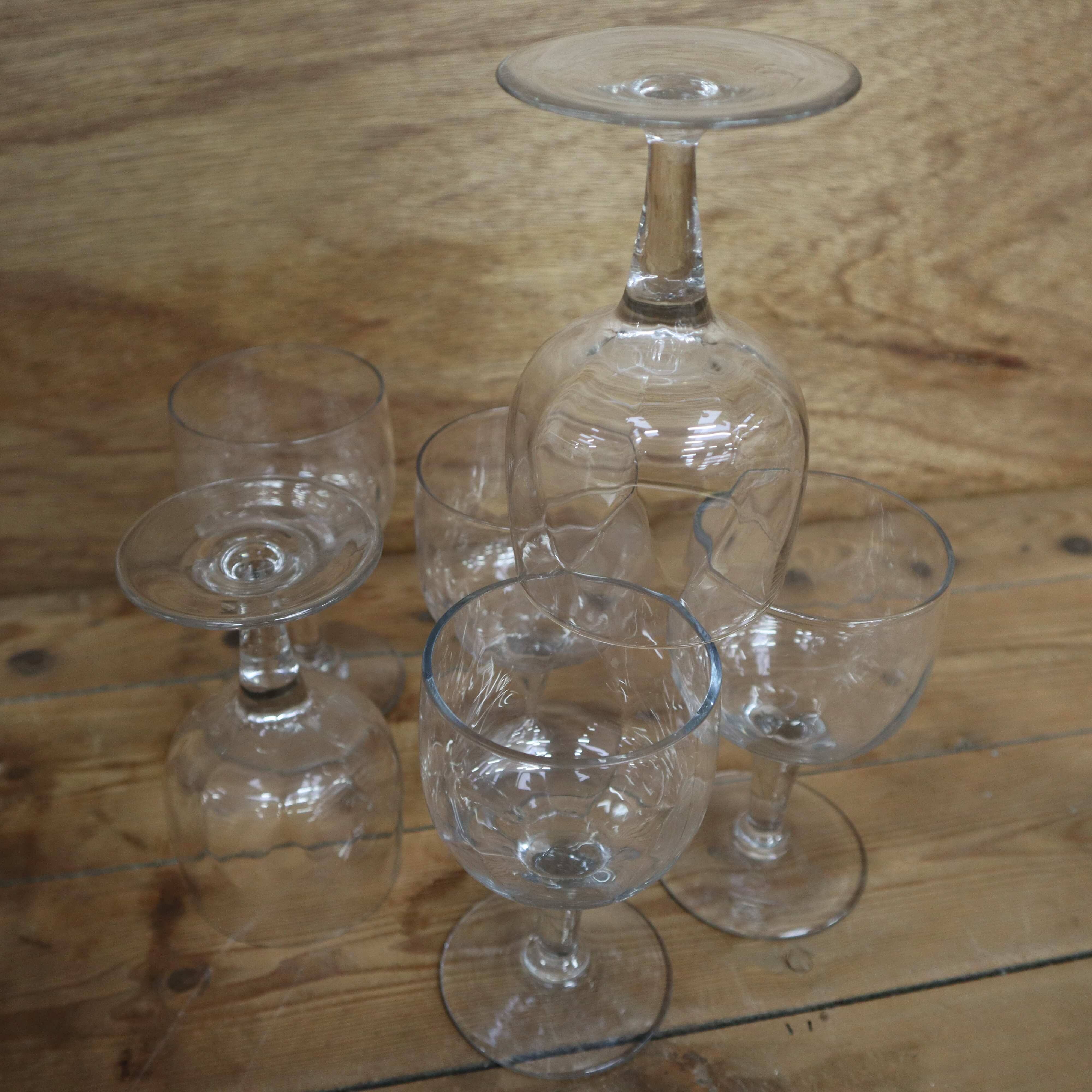 6 Antique Hand Blown Clear Faceted Red Wine Glasses 50's
