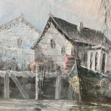 Peinture à l’huile tableau ancien signé port et bateaux