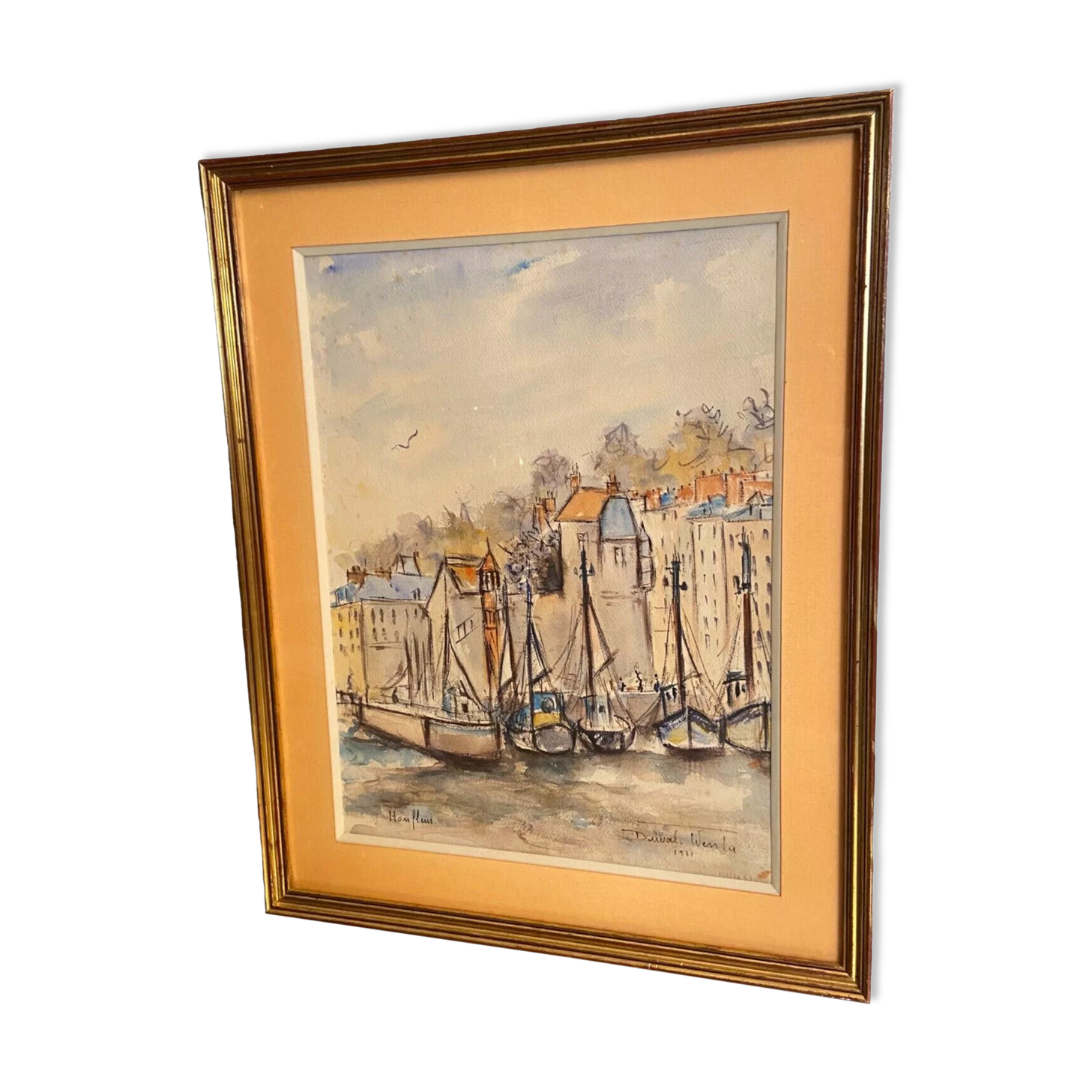 Watercolor signed Simone Duval-Wenta 1934-2015 view of Honfleur