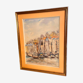Watercolor signed Simone Duval-Wenta 1934-2015 view of Honfleur