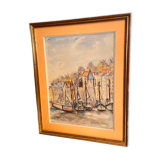 Watercolor signed Simone Duval-Wenta 1934-2015 view of Honfleur