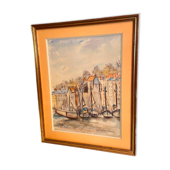 Watercolor signed Simone Duval-Wenta 1934-2015 view of Honfleur