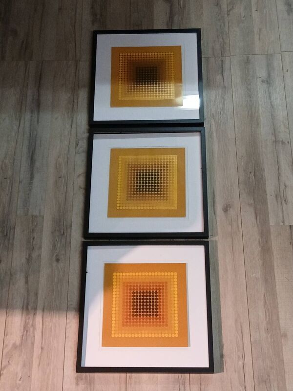 Triptyque Art Optique - 3 Tableaux Vintage - Victor Vasarely - Cadres