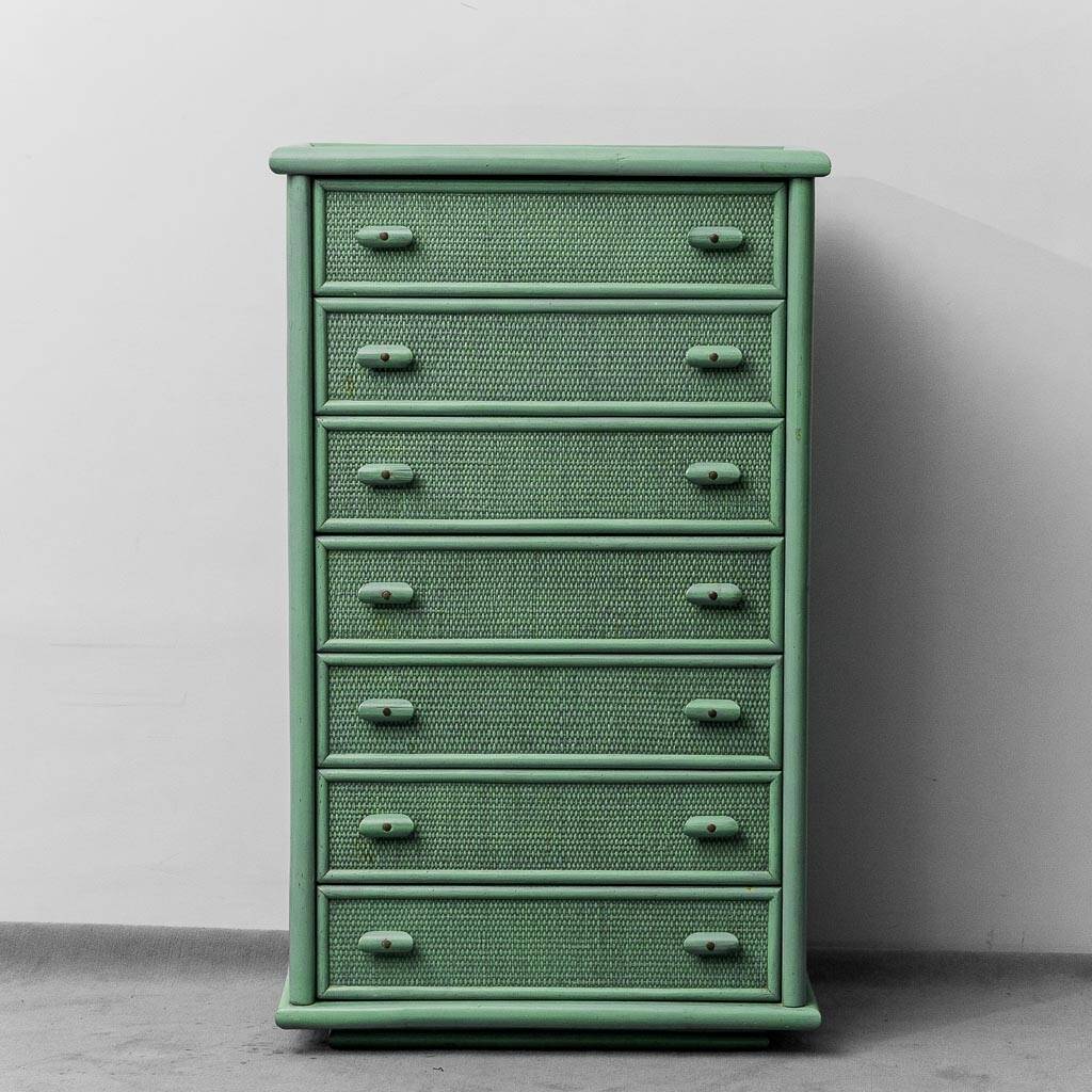 Cassettiera vintage rattan intrecciato verde anni ’60 modernariato