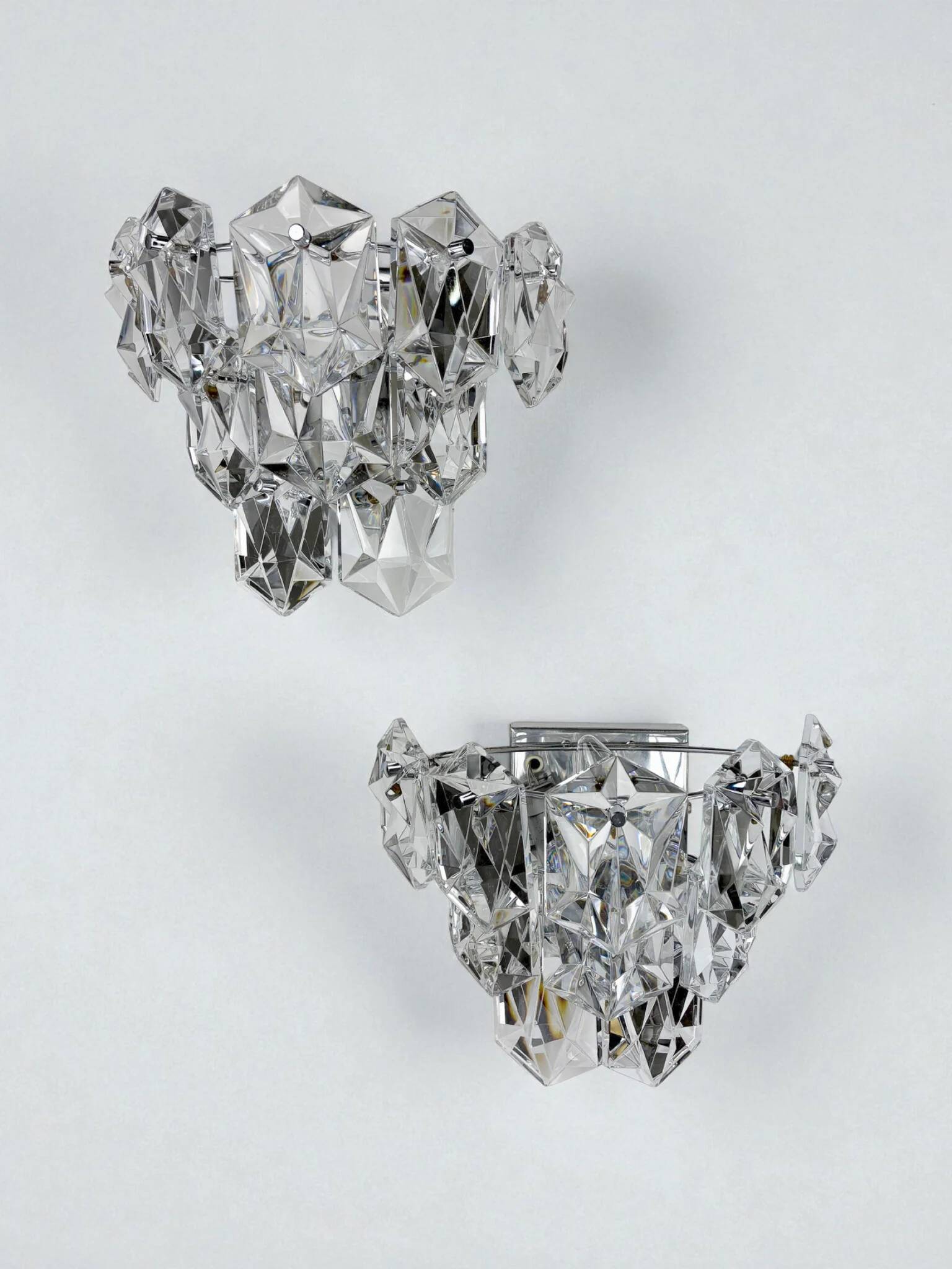 Pair of Kinkeldey 2-tier cut crystal wall sconces, Germany, circa 1970s