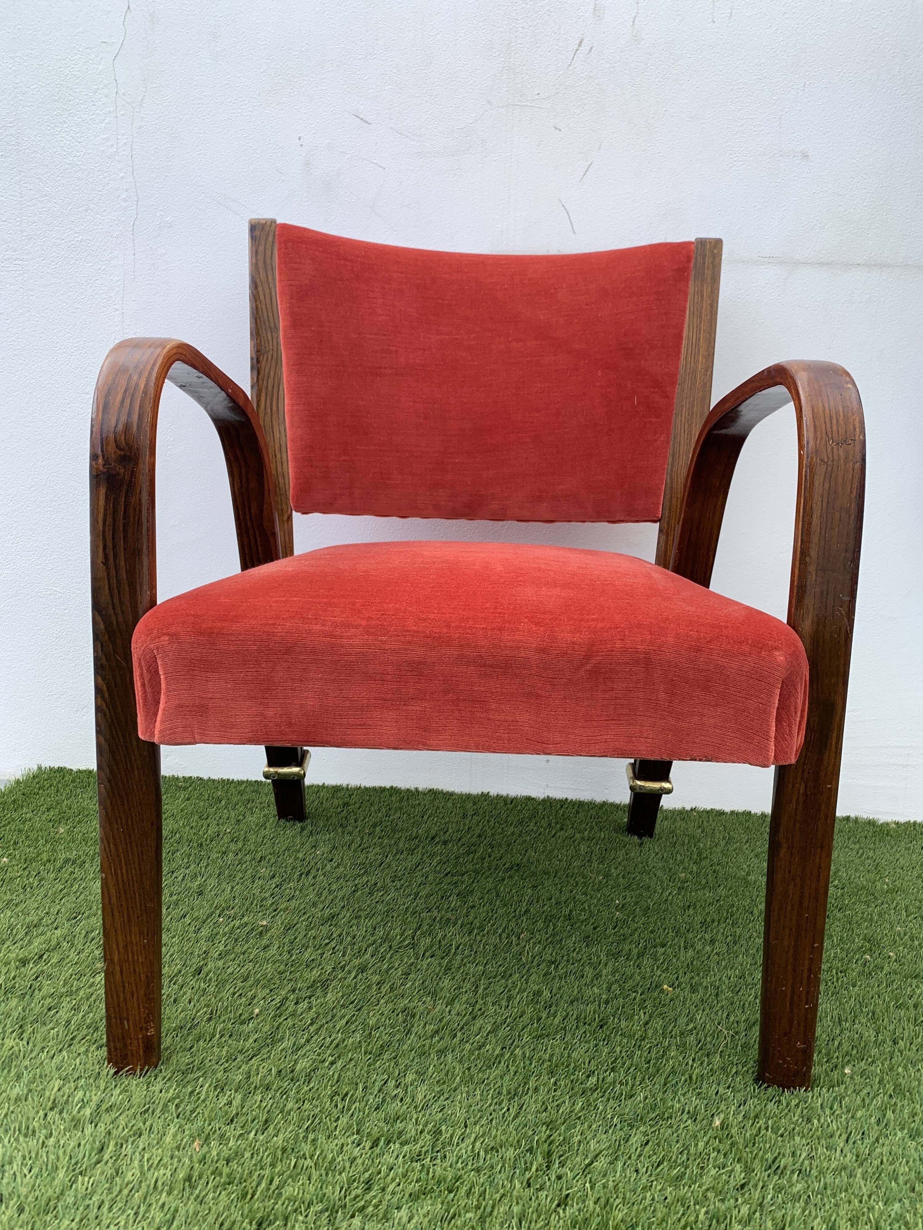 Hugues Steiner armchair, bow-wood model, curved wood and velvet, 1950