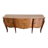 Louis XV style buffet with floral marquetry, pink marble, and bronze fittings.