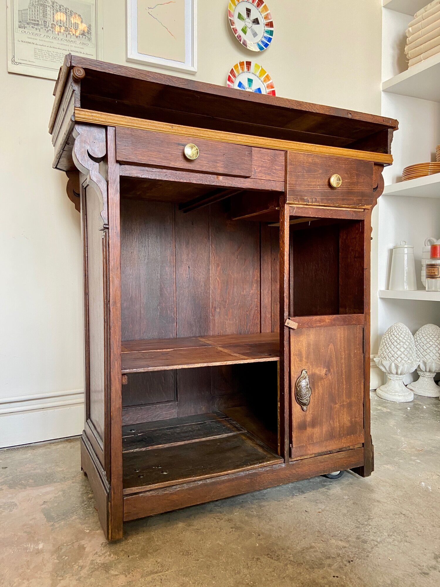 Counter, reception furniture in solid wood early twentieth century