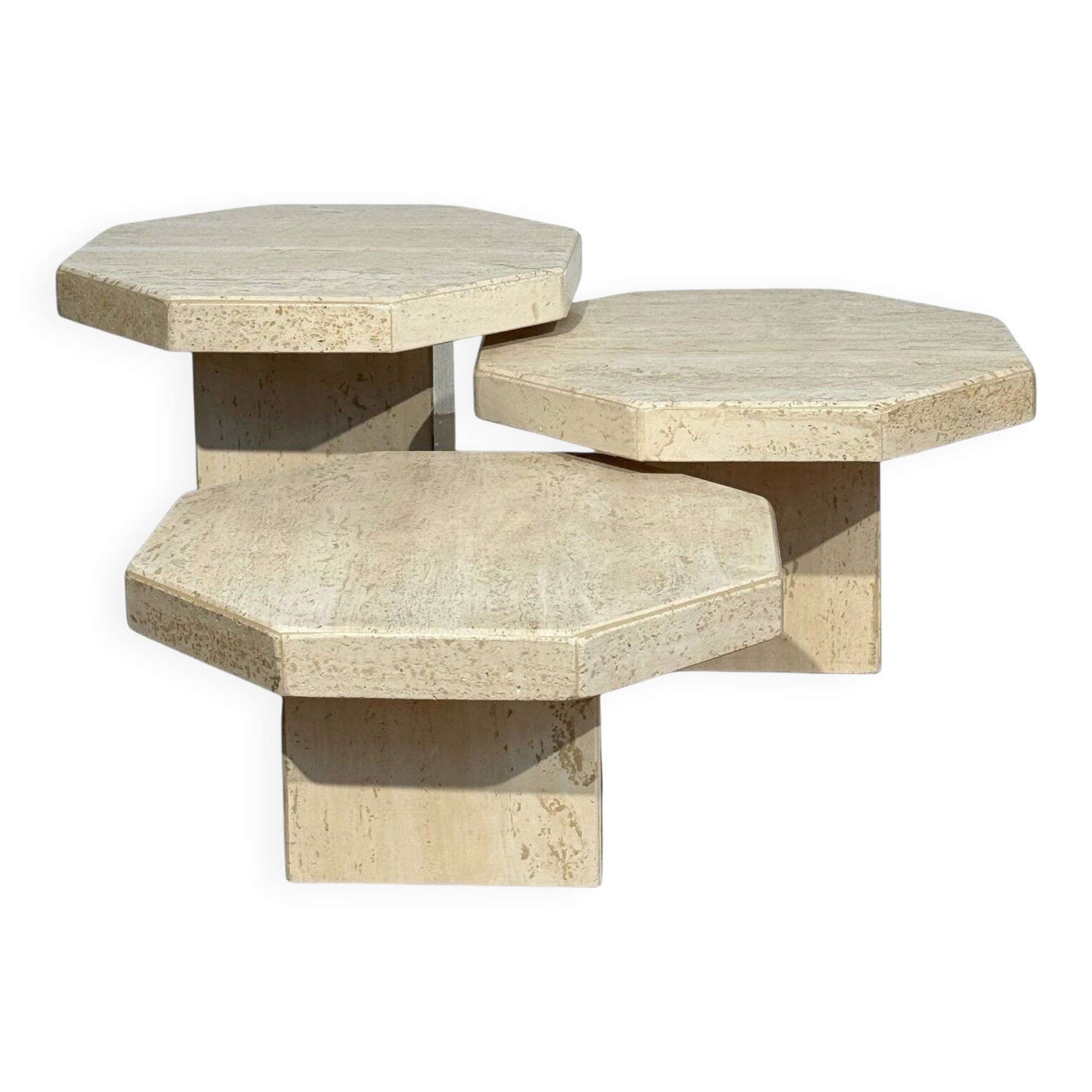 Set of 3 octagonal travertine tables 1970