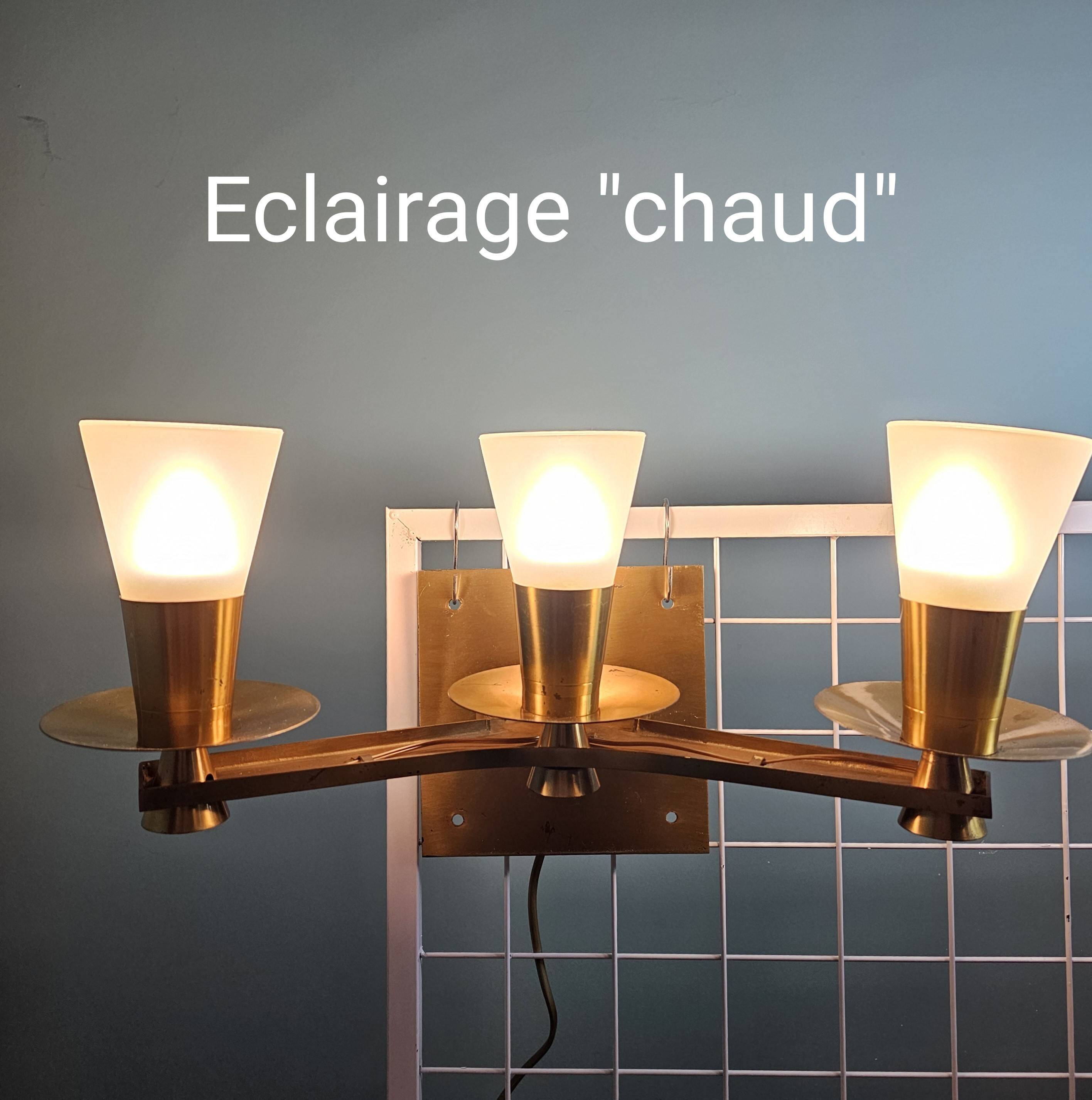 Maison cheret, pair of 3-light wall lights in ronze, brass and glass, circa 1950/1960