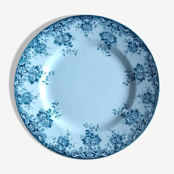 8 assiettes plates en faïence terre de fer au décor fleuri de couleur bleu gris